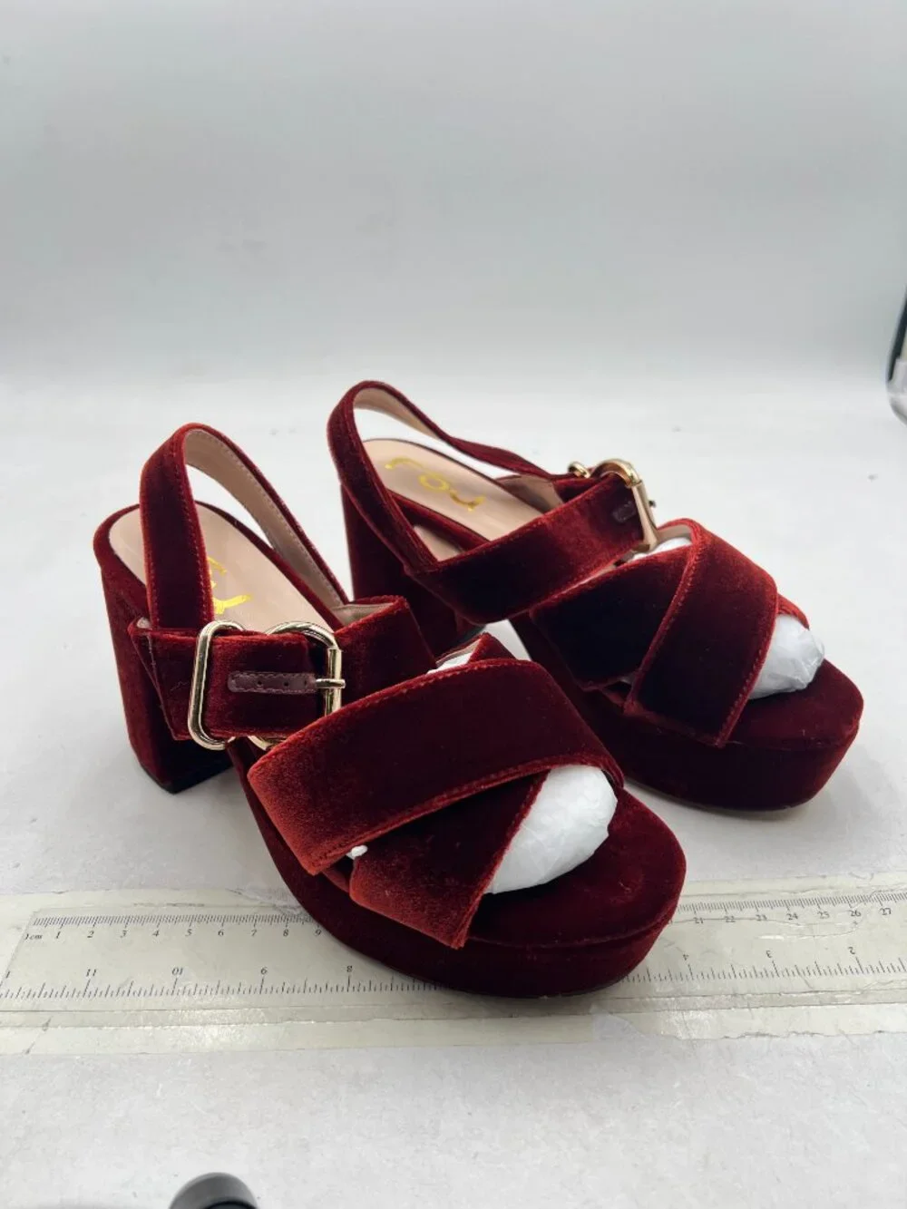 FSJ Brown/Red Peep Toe Chunky High Heels Platform Ankle Strap Velvet Sandals